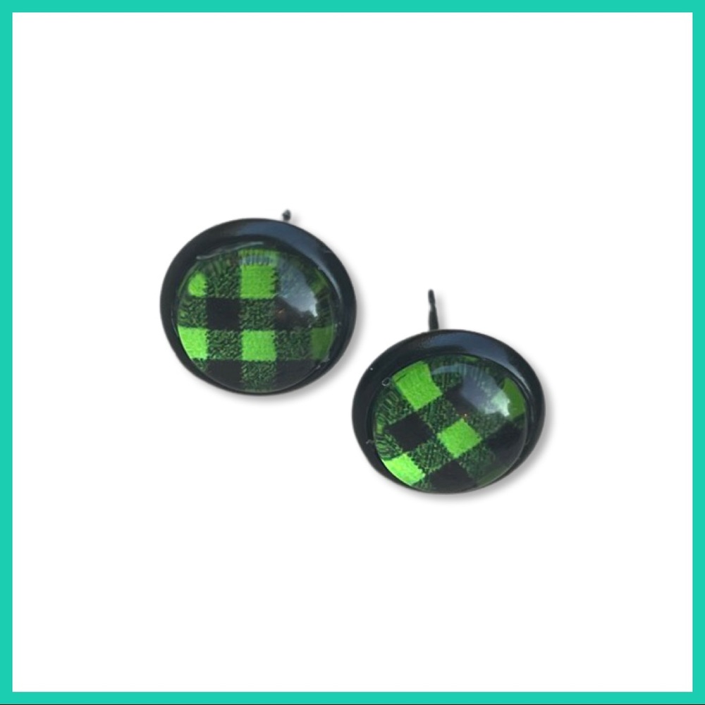 Neon Green Plaid Stud Earrings - Picture 6 of 7
